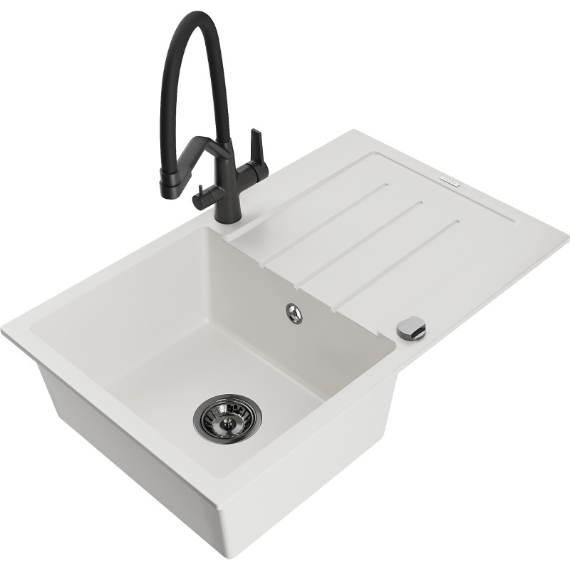 Mexen Bruno fregadero de granito de 1 cuenca con escurridor y grifo de cocina Duo, blanco - 6513-20-671701-70-B