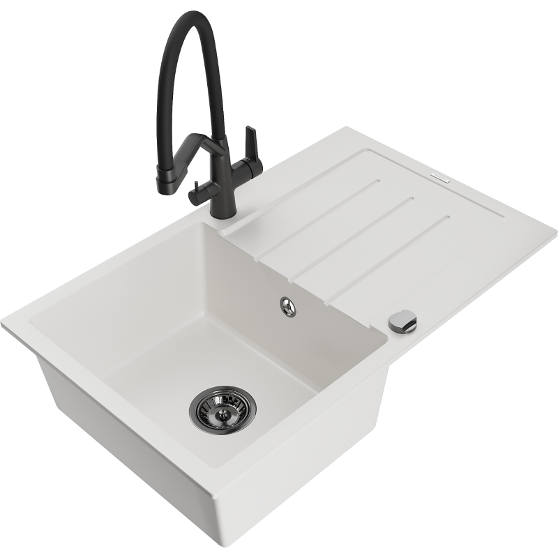 Mexen Bruno lava-louça de granito de 1-cuba com escorredor e torneira de cozinha Duo, branco - 6513-20-671701-70-B
