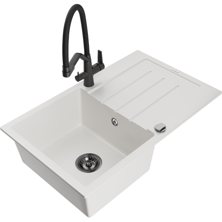 Mexen Bruno granite sink 1-bowl with drainer and Duo kitchen tap, white - 6513-20-671701-70-B