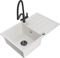 Mexen Bruno granite sink 1-bowl with drainer and Duo kitchen tap, white - 6513-20-671701-70-B