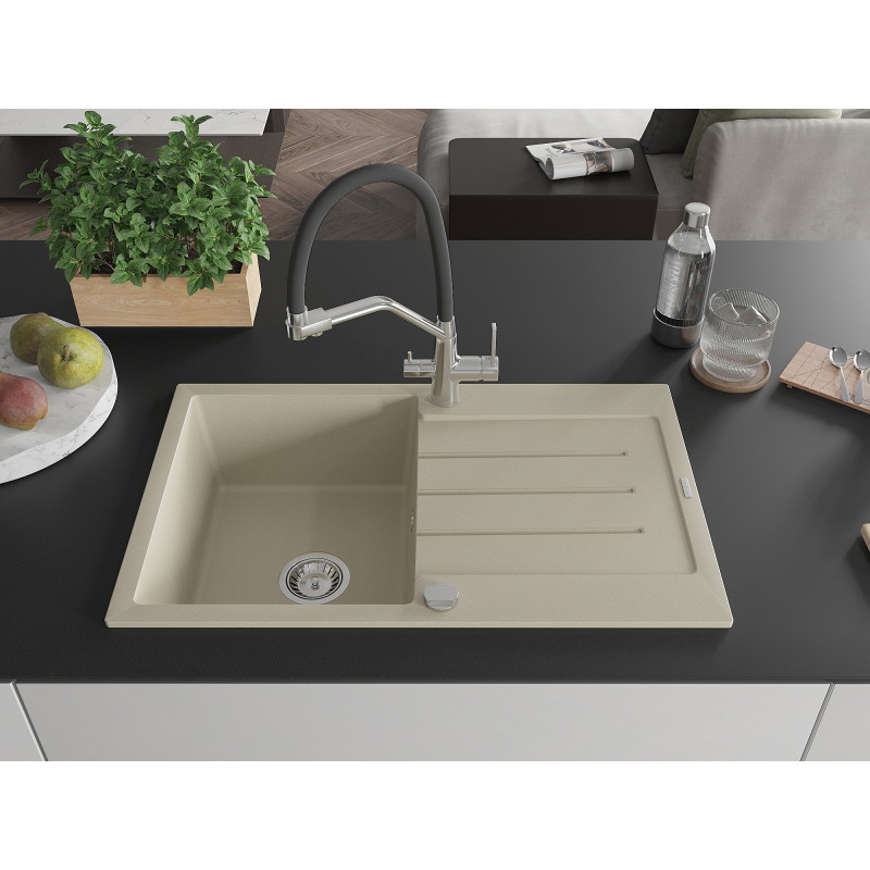 Mexen Bruno granitspüle 1-becken mit abtropfbereich und küchenarmatur Duo, beige - 6513-69-671701-07