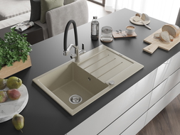 Mexen Bruno granieten gootsteen met 1 compartiment en afdruiprek en keukenmengkraan Duo, beige - 6513-69-671701-07