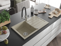 Mexen Bruno Granitspüle 1-Becken mit Abtropffläche und Küchenarmatur Duo, beige - 6513-69-671701-07