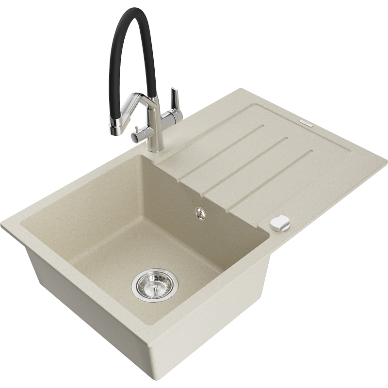 Mexen Bruno fregadero de granito 1-cámara con escurridor y grifo de cocina Duo, beige - 6513-69-671701-07