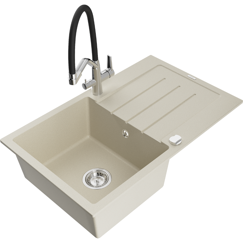 Mexen Bruno granite kitchen sink 1-bowl with drainer and Duo kitchen tap, beige - 6513-69-671701-07