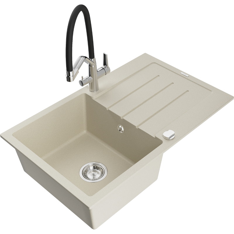Mexen Bruno lavello in granito a 1 vasca con sgocciolatoio e rubinetto Duo, beige - 6513-69-671701-07