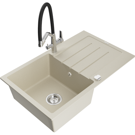Mexen Bruno fregadero de granito 1-cámara con escurridor y grifo de cocina Duo, beige - 6513-69-671701-07