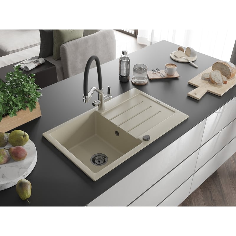 Mexen Bruno granit gootsteen 1-komor met afdruiprek en keukenmengkraan Duo, beige - 6513-69-671701-07-B