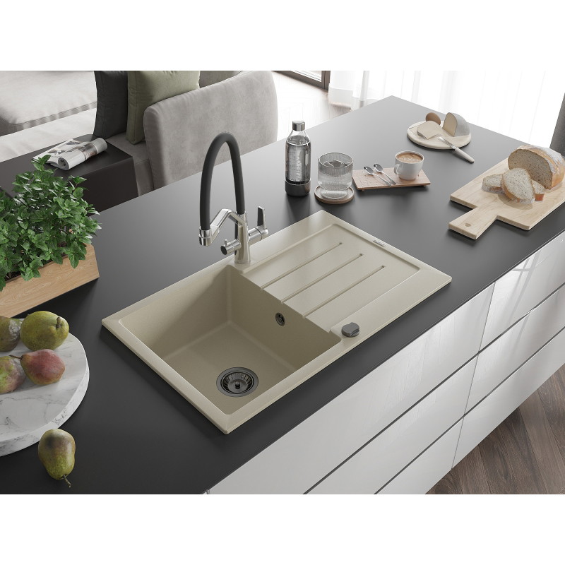 Mexen Bruno granit keuken gootsteen 1-komor met afdruiprek en keukenmengkraan Duo, beige - 6513-69-671701-07-B