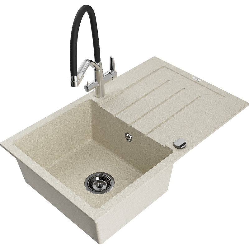 Mexen Bruno fregadero de granito de 1 compartimento con escurridor y grifo de cocina Duo, beige - 6513-69-671701-07-B