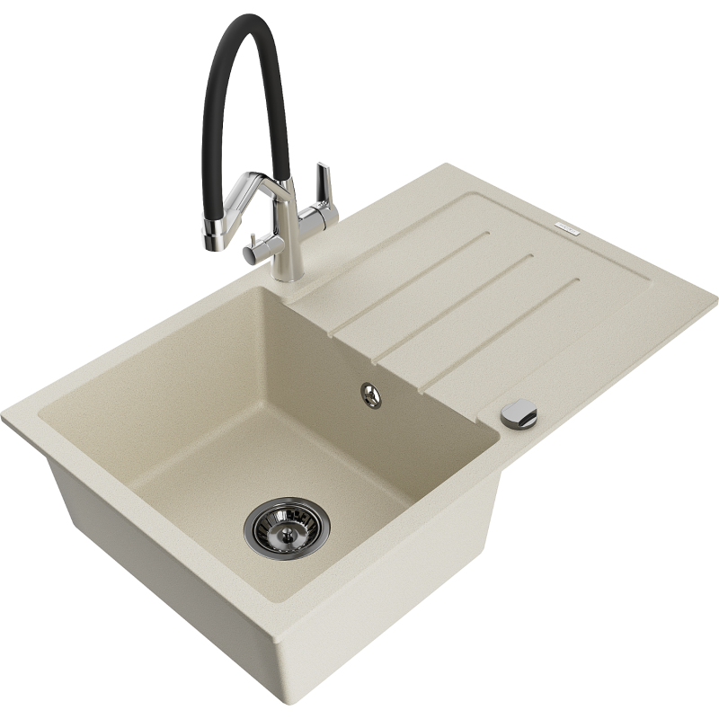 Mexen Bruno fregadero de granito de 1 seno con escurridor y grifo de cocina Duo, beige - 6513-69-671701-07-B