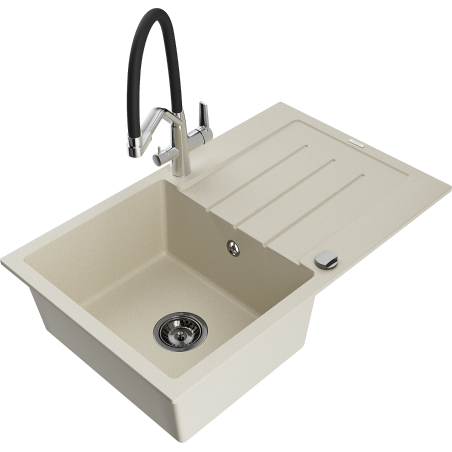 Mexen Bruno granit gootsteen 1-komor met afdruiprek en keukenmengkraan Duo, beige - 6513-69-671701-07-B