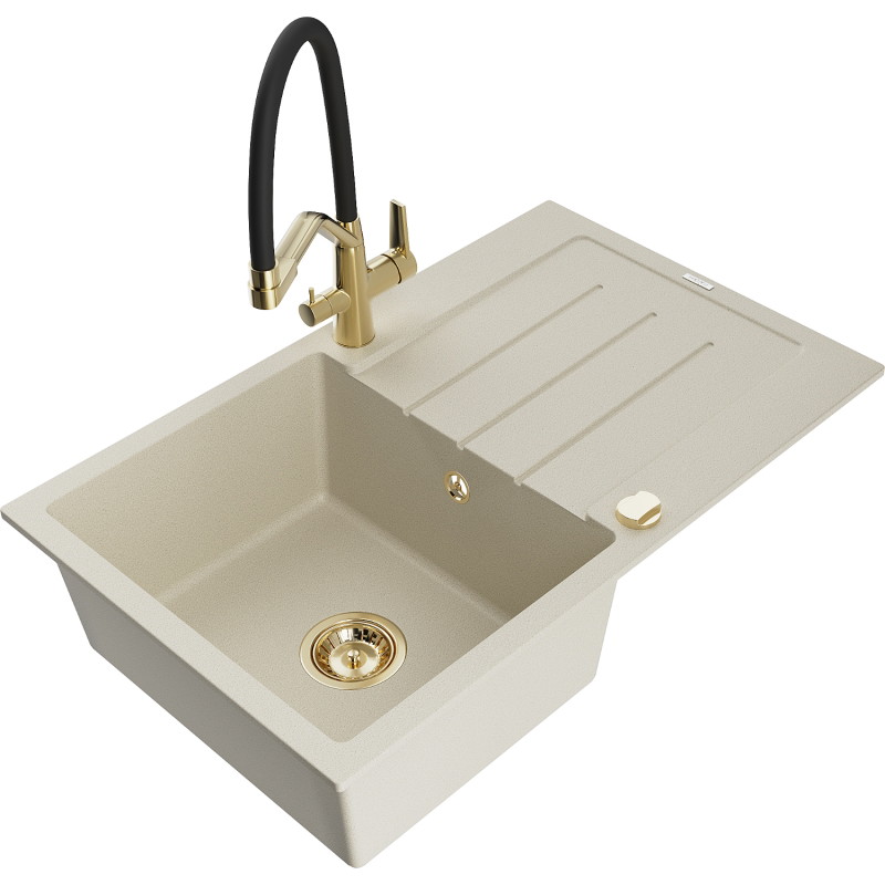 Mexen Bruno granitische spoelbak met 1 bak, afdruiprek en Duo keukenkraan, beige - 6513-69-671701-57-G