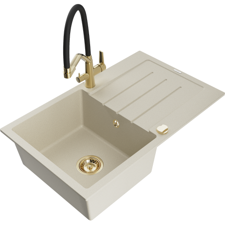 Mexen Bruno granitische spoelbak met 1 bak, afdruiprek en Duo keukenkraan, beige - 6513-69-671701-57-G
