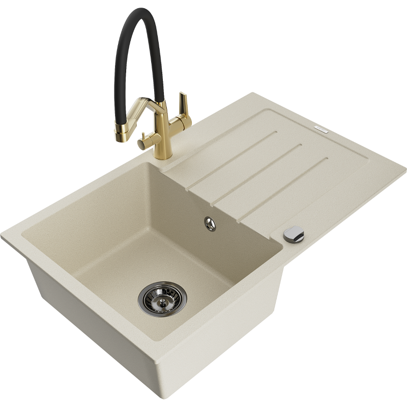 Mexen Bruno granitdiskbänk med en ho, avrinningsyta och köksblandare Duo, beige - 6513-69-671701-57-B