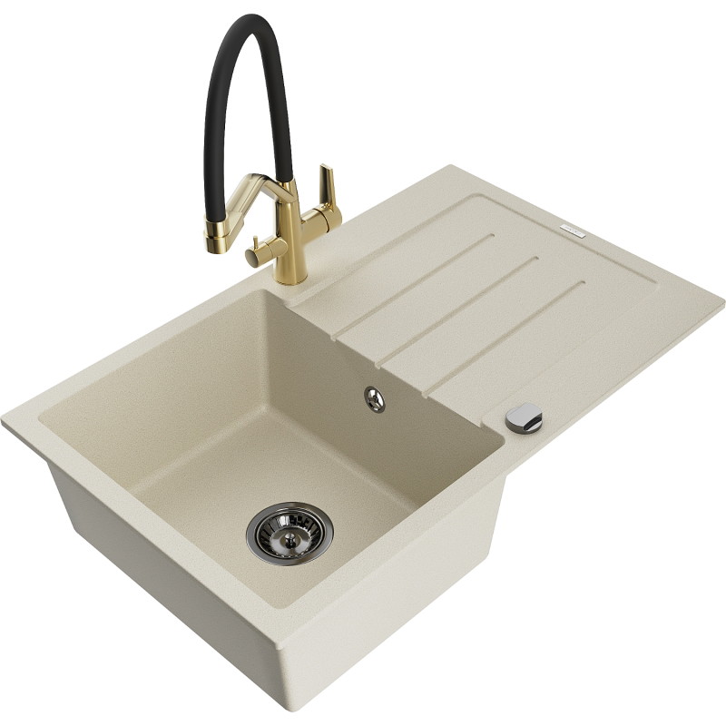 Mexen Bruno granitische gootsteen 1-komorige met afdruiprek en keukenkraan Duo, beige - 6513-69-671701-57-B