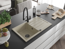 Mexen Bruno Granitspüle 1-Becken mit Abtropffläche und Küchenarmatur Duo, beige - 6513-69-671701-70-B