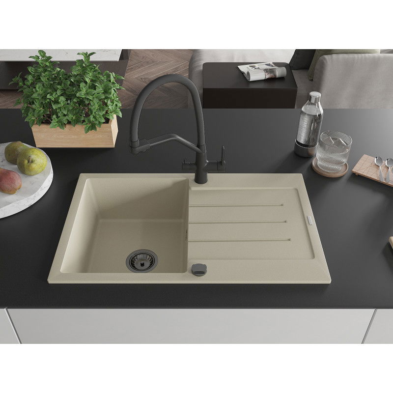 Mexen Bruno fregadero de granito 1-cubeta con escurridor y grifo de cocina Duo, beige - 6513-69-671701-70-B