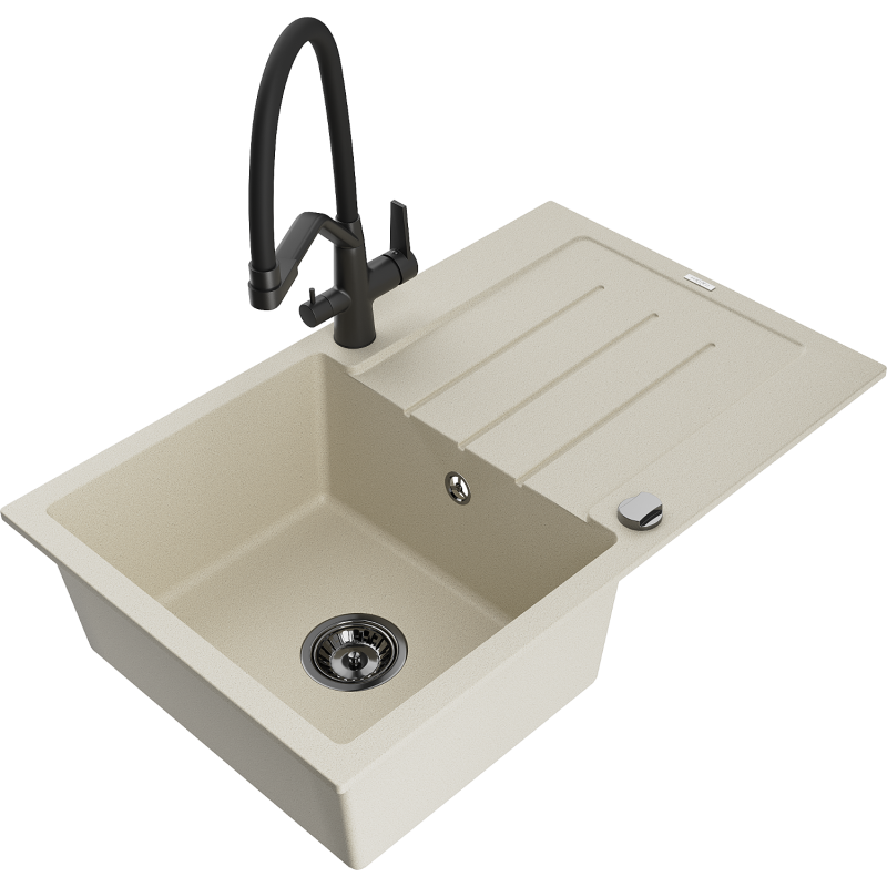 Mexen Bruno Granitspüle 1-Becken mit Abtropffläche und Küchenarmatur Duo, beige - 6513-69-671701-70-B