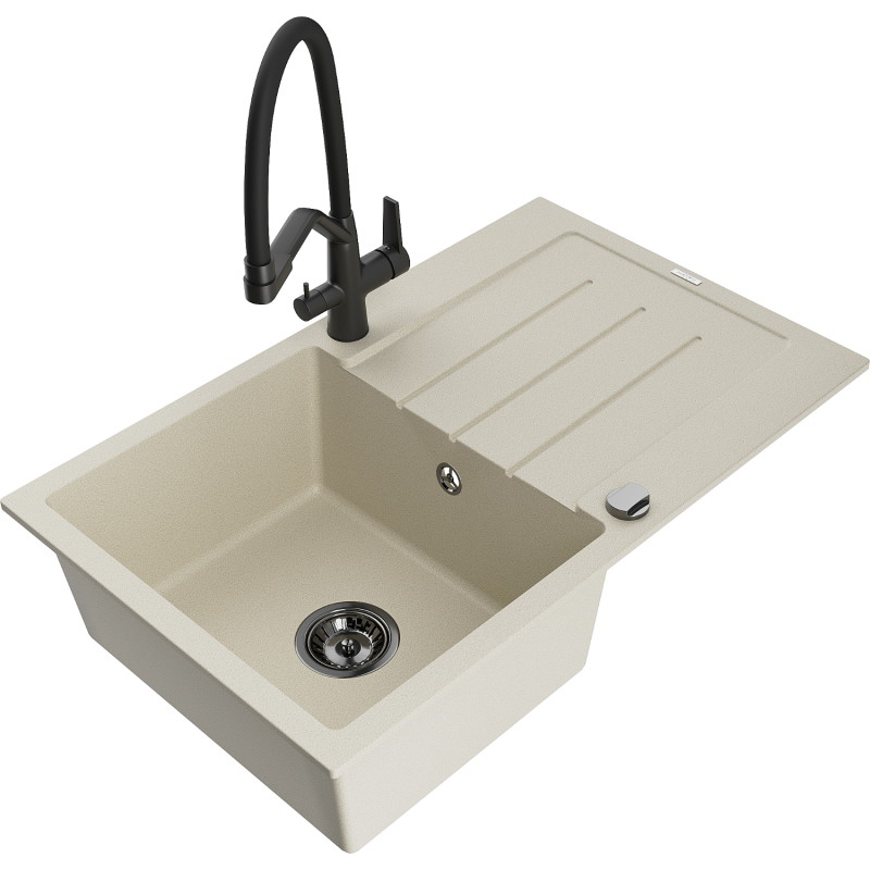 Mexen Bruno Granitspüle 1-beckig mit Abtropffläche und Küchenarmatur Duo, beige - 6513-69-671701-70-B
