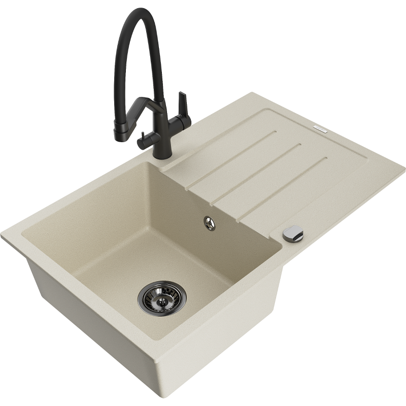 Mexen Bruno lava-louça de granito de 1 cuba com escorredor e torneira de cozinha Duo, bege - 6513-69-671701-70-B
