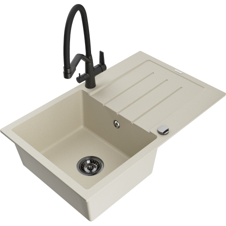 Mexen Bruno 1-bowl granite sink with drainer and Duo kitchen tap, beige - 6513-69-671701-70-B