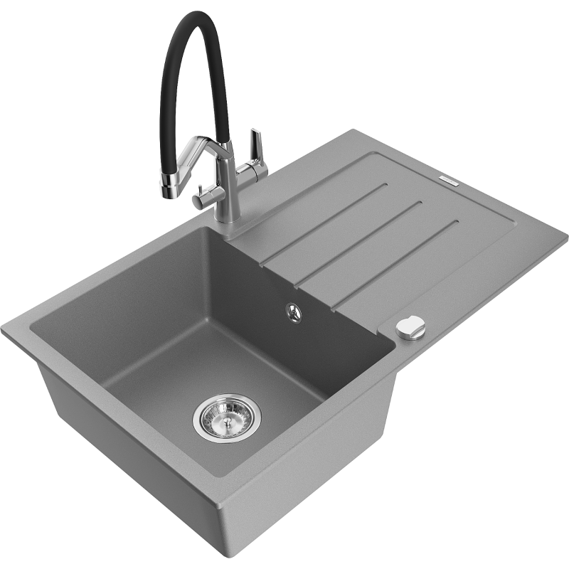 Mexen Bruno fregadero de granito de 1 seno con escurridor y grifo de cocina Duo, gris - 6513-71-671701-07