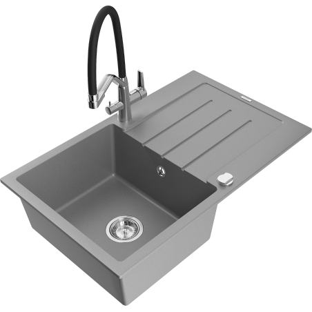 Mexen Bruno granite sink 1-bowl with drainer and Duo kitchen tap, grey - 6513-71-671701-07