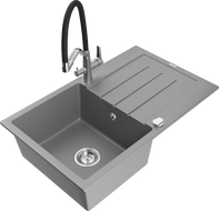 Mexen Bruno granite sink 1-bowl with drainer and Duo kitchen tap, grey - 6513-71-671701-07