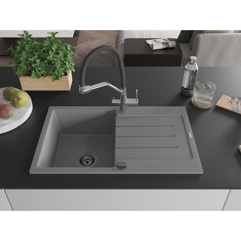 Mexen Bruno granite sink 1-bowl with drainer and Duo kitchen tap, grey - 6513-71-671701-07-B