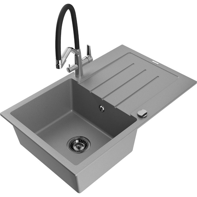 Mexen Bruno granite sink 1-bowl with drainer and Duo kitchen tap, grey - 6513-71-671701-07-B