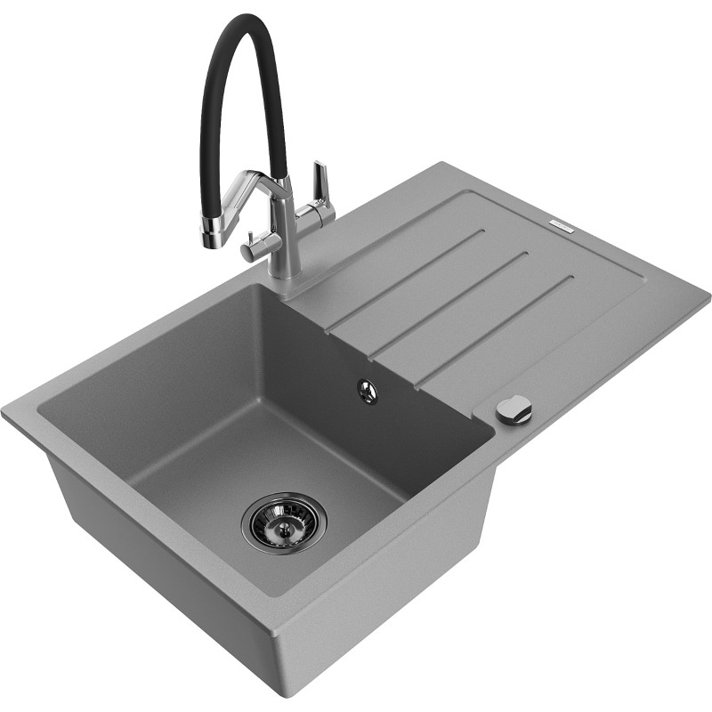 Mexen Bruno Granitspüle 1-Becken mit Abtropffläche und Küchenarmatur Duo, grau - 6513-71-671701-07-B