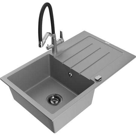 Mexen Bruno fregadero de granito de 1 seno con escurridor y grifo de cocina Duo, gris - 6513-71-671701-07-B