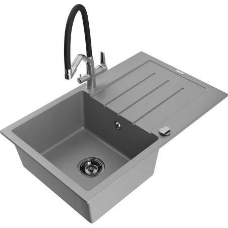 Mexen Bruno granite kitchen sink 1-bowl with drainer and Duo kitchen faucet, gray - 6513-71-671701-07-B