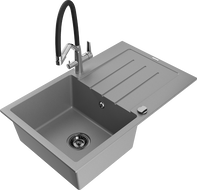 Mexen Bruno granite sink 1-bowl with drainer and Duo kitchen tap, grey - 6513-71-671701-07-B