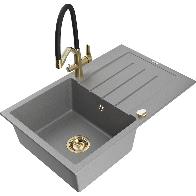 Mexen Bruno 1-bowl granite sink with drainer and Duo kitchen tap, grey - 6513-71-671701-57-G