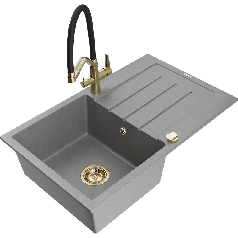 Mexen Bruno fregadero de granito de 1 seno con escurridor y grifo de cocina Duo, gris - 6513-71-671701-57-G