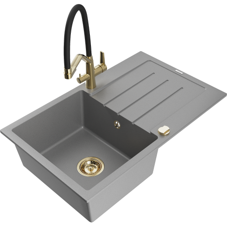 Mexen Bruno 1-bowl granite sink with drainer and Duo kitchen tap, grey - 6513-71-671701-57-G