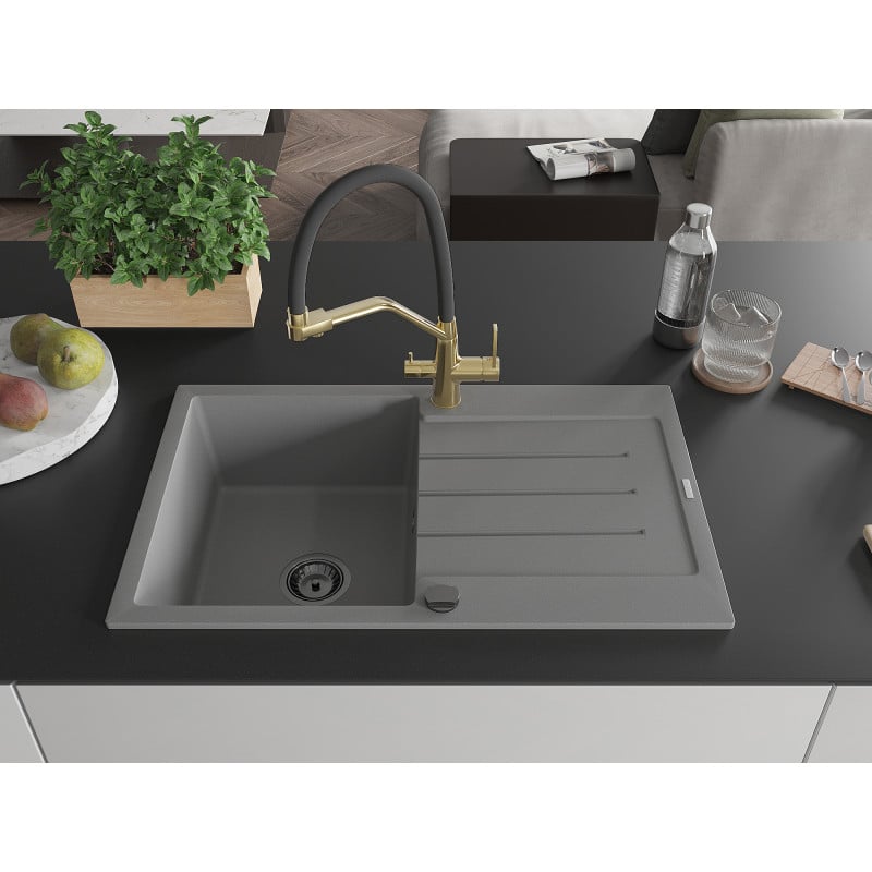 Mexen Bruno granite sink 1-bowl with drainer and Duo kitchen tap, grey - 6513-71-671701-57-B