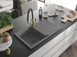 Mexen Bruno granite sink 1-bowl with drainer and Duo kitchen tap, grey - 6513-71-671701-57-B