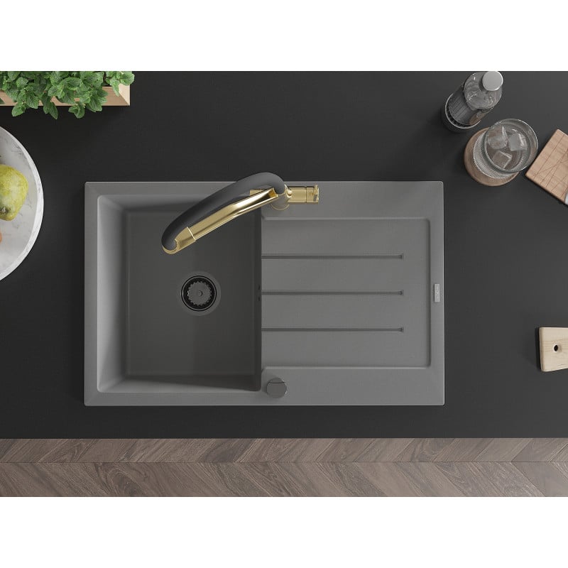 Mexen Bruno fregadero de cocina de granito de 1 hueco con escurridor y grifo Duo, gris - 6513-71-671701-57-B