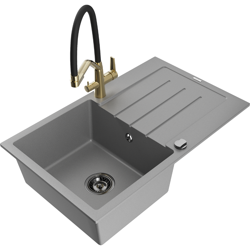 Mexen Bruno fregadero de cocina de granito de 1 hueco con escurridor y grifo Duo, gris - 6513-71-671701-57-B