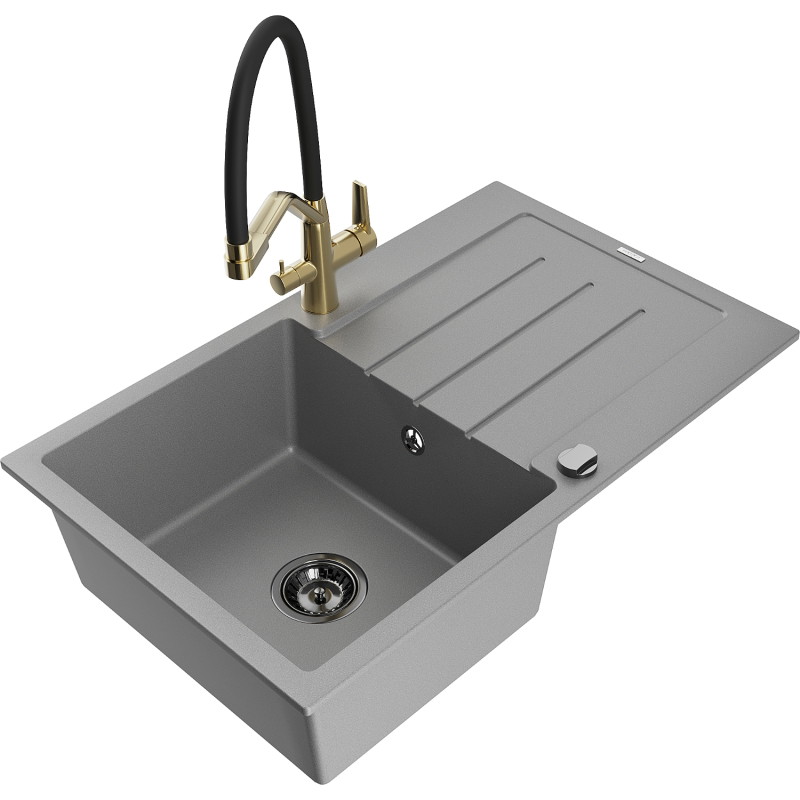 Mexen Bruno fregadero de granito de 1 seno con escurridor y grifo de cocina Duo, gris - 6513-71-671701-57-B