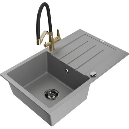 Mexen Bruno fregadero de cocina de granito de 1 hueco con escurridor y grifo Duo, gris - 6513-71-671701-57-B