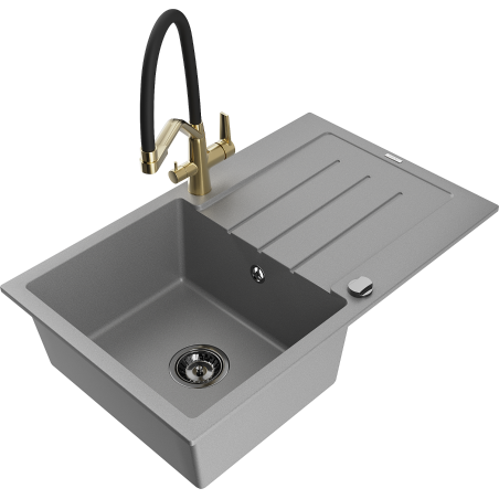 Mexen Bruno granite sink 1-bowl with drainer and Duo kitchen tap, grey - 6513-71-671701-57-B