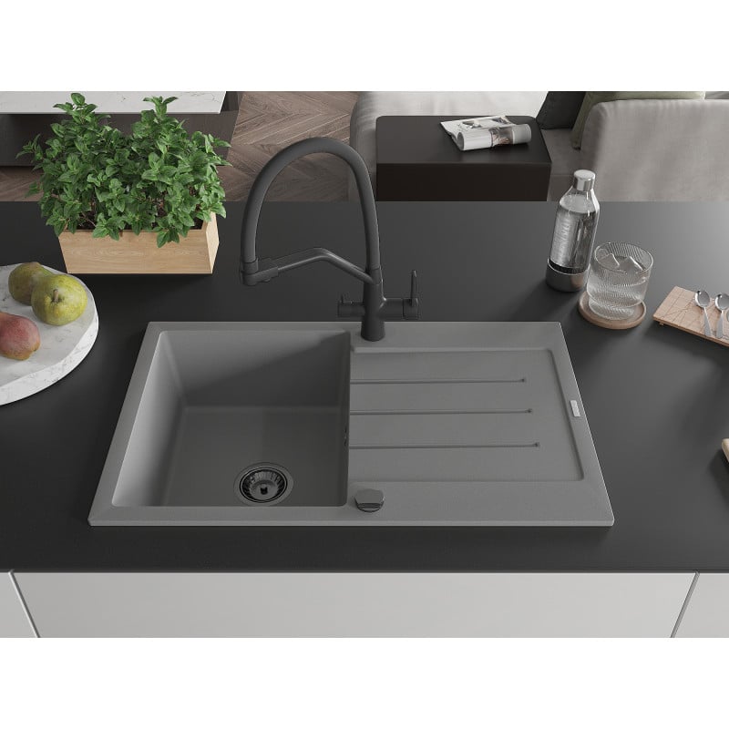 Mexen Bruno granite sink 1-bowl with drainer and Duo kitchen tap, grey - 6513-71-671701-70-B