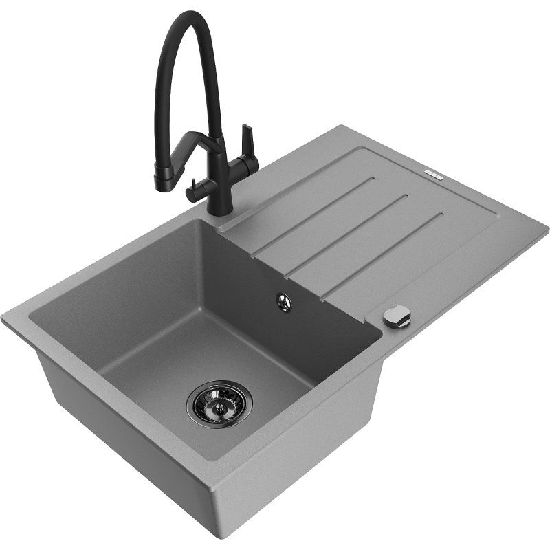 Mexen Bruno fregadero de granito de 1 compartimento con escurridor y grifo de cocina Duo, gris - 6513-71-671701-70-B