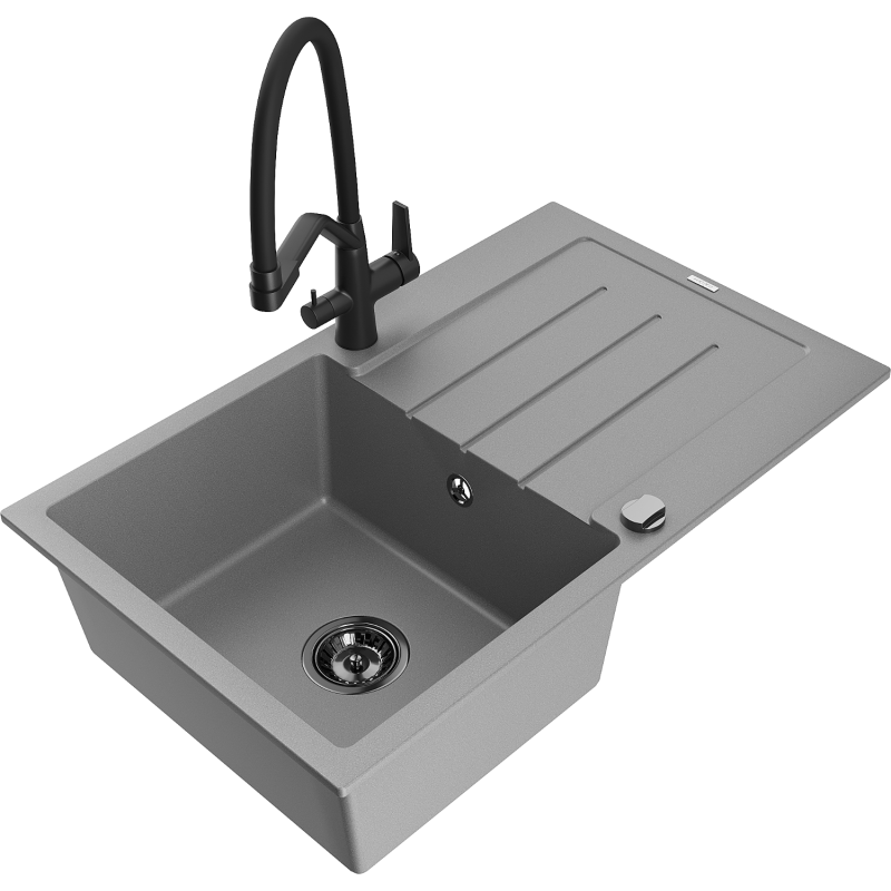 Mexen Bruno granite sink 1-bowl with drainer and Duo kitchen tap, grey - 6513-71-671701-70-B