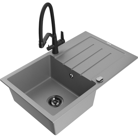 Mexen Bruno fregadero de granito de 1 compartimento con escurridor y grifo de cocina Duo, gris - 6513-71-671701-70-B