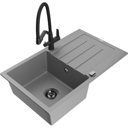 Mexen Bruno granite sink 1-bowl with drainer and Duo kitchen tap, grey - 6513-71-671701-70-B